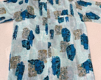 NWT! Barefoot in Paradise Vintage Hawaiian Tiki Shirt Hawaii Medium Luau Polyester Blue Hawaii Tikis Medium