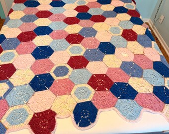 VTG 1970’s Granny Square Afghan Blanket Crochet 75x72 Handmade Hexagonal