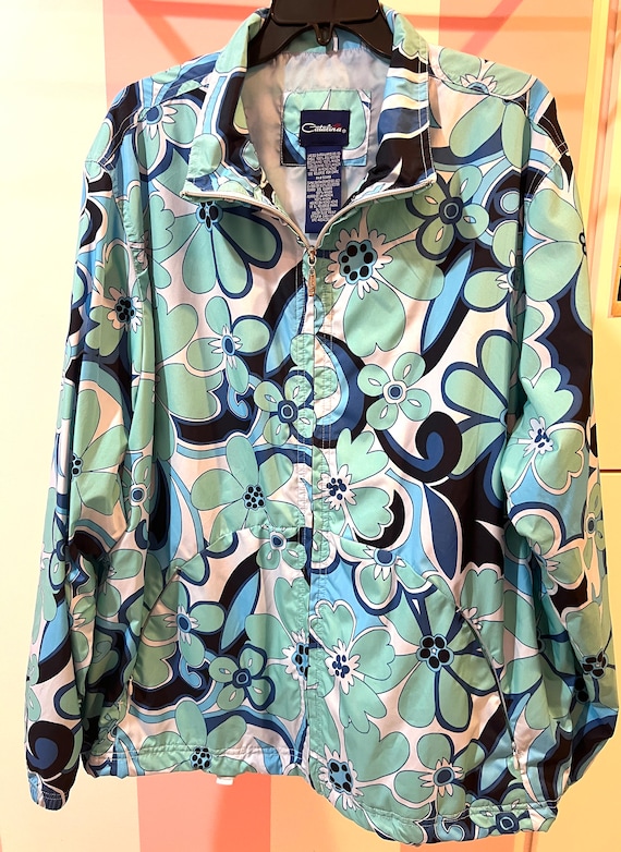 Vintage Catalina Groovy Retro Blue Flower Windbreaker Jacket Oversize Large XL Extra Large floral