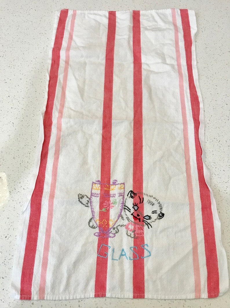 Vintage SET of CATS KITTY Kitten China Glass Embroidered Cotton Embroidery Dish towel Tea Crewel Embroidery Cross Stitch