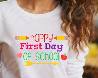 Joyeux premier jour d'école SVG | Retour à l'école SVG | Enseignant ou fille de retour à l'école SVG | Premier jour d'école Svg | Dxf| png| Fichier de coupe Cricut