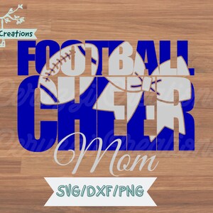 May include: Blue and white graphic design with the text "Football Cheer Mom" and a football and bow graphic.
