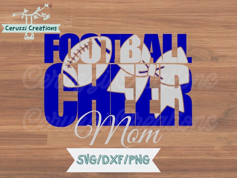 May include: Blue and white graphic design with the text "Football Cheer Mom" and a football and bow graphic.