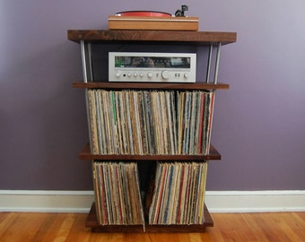 Solid Walnut Record Player Table / Shelf and LP Holder for 12" Vinyl LPs - Stainless Steel - Record Storage - Audiophile Audio A/V Rack