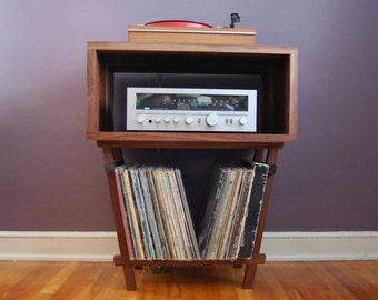 Beautiful Solid Walnut Record Player Table / Amp and LP Holder for 12" Vinyl LPs - Holds 80 x 12" Vinyls - Very Nice Record Storage