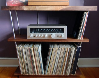 Solid Walnut Record Player Table / Shelf and LP Holder for 12" Vinyl LPs - Stainless Steel - Holds 300 x 12" Vinyl - Record Storage