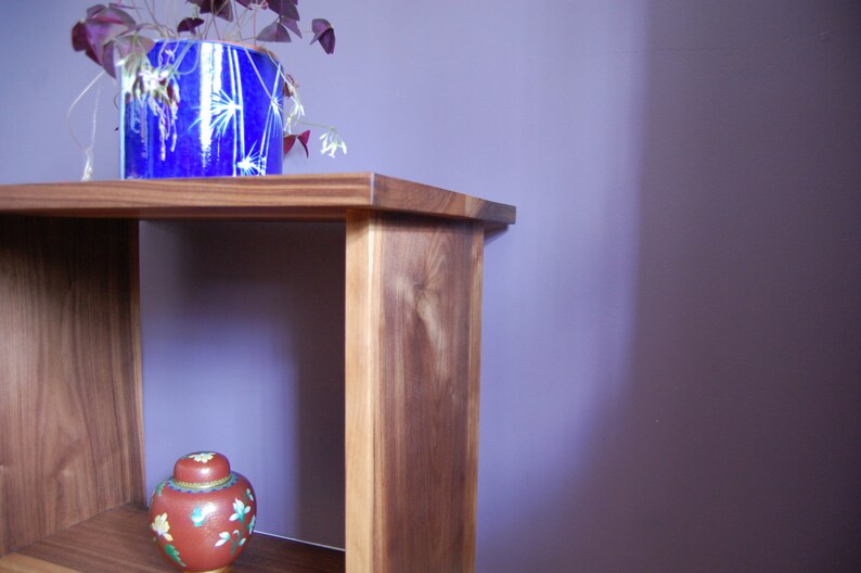 May include: A wooden shelf unit with two shelves. The top shelf has a blue planter with a green plant. The bottom shelf has a small, round, red and gold decorative jar.