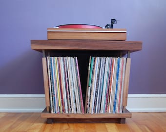 Beautiful Solid Walnut / Stainless Steel Record Player Table for 12" Vinyl LPs - Holds 70 x 12" Vinyls - Very Nice Record Storage