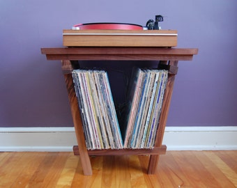 Beautiful Solid Walnut Record Player Table and LP Holder for 12" Vinyl LPs - Holds 70 x 12" Vinyls - Very Nice Record Storage