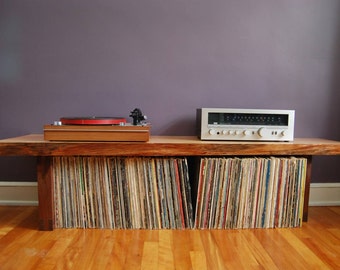 Solid Walnut / Douglas Fir Record Player Table / Shelf - Low Profile Modern Live Edge Slab