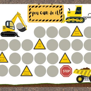 May include: A printable chart featuring yellow construction vehicles and motivational phrases such as "You can do it!" and "Good work!" The chart has 18 grey circles that can be used as a reward chart for children.