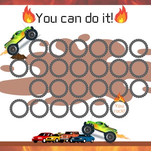 Puede incluir: Un gráfico motivacional con un camión monstruo verde conduciendo sobre obstáculos de neumáticos. El gráfico tiene el texto "You can do it!" y "You rock!" con llamas a cada lado.