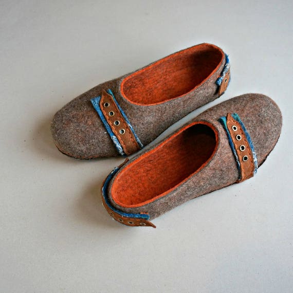 Men's wool house shoes with leather soles Boiled wool