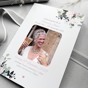 May include: A white and grey funeral order of service with a floral design and a photo of a woman smiling. The order of service includes the text "Celebrating the life of Patricia James 8th June 1961 - 10th November 2025" and details for the funeral service on Friday, 16th December 2025.