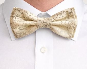 Vintage World Map Bow Tie: Cream Taupe Adventure Wedding Accessory