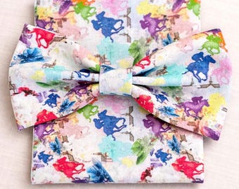 Kentucky Derby Bow Tie, Colorful Horse Print, Mens Accessory, Matching Pocket Square, Wedding Groom Style, Equestrian Gift