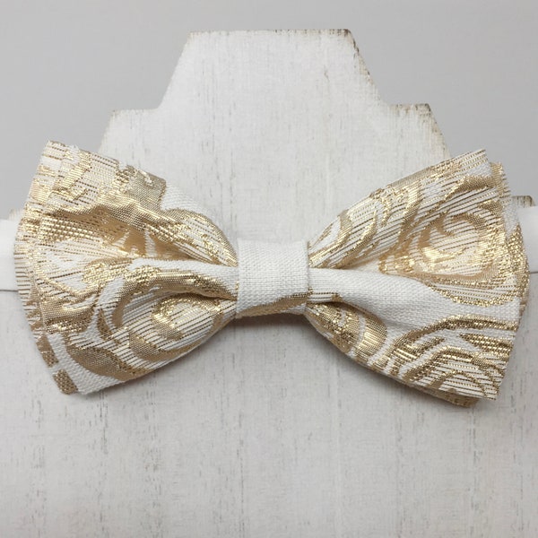 Gold Bow Tie, Gold White Bow Tie, Gold Mens Bow Tie, Champagne Bow Tie, Gold Boys Bow Tie, Clip-on Bow Tie, Gold Brocade Bow Tie