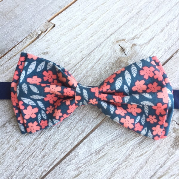 Navy Salmon Bow Tie Blue Coral Bow Tie Navy Rose Pink Bow Blue Geranium Bow Tie Floral Bow Tie Boys Toddler Blue Pink BowTie Salmon Gray Bow