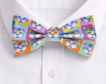 Pop Art Cat Face Bow Tie, Colorful Kitten Print Accessory