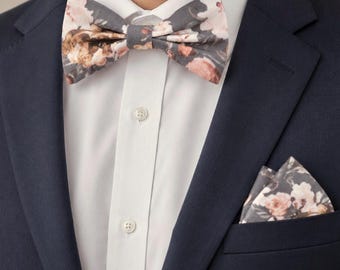 Gray Floral Bow Tie | Dusty Blush Wedding Accessory for Men, Boys & Ring Bearers