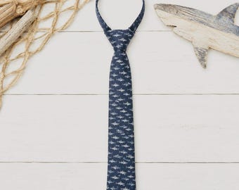 Shark Skinny Tie Blue Ocean Necktie Ring Bearer Birthday Wedding Boys