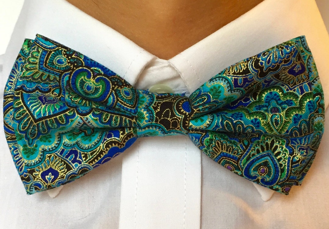 Blue Paisley Bow Tie, Blue Paisley Bowtie, Green Gold Bow Tie, Mens Bow Tie, Boys Bow Tie, Clip ...