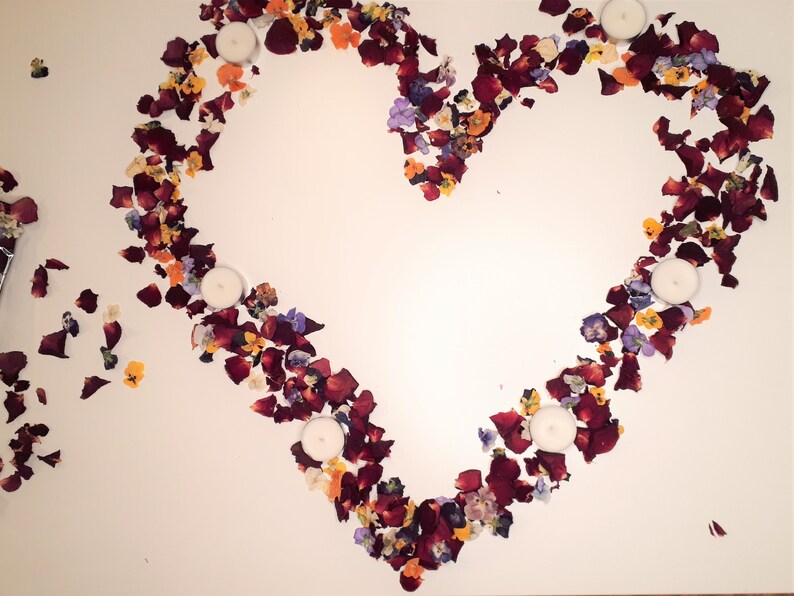 May include: A heart shape made of red rose petals and colorful flower petals, with four white tea light candles inside. The arrangement is on a white surface, creating a romantic and decorative display.