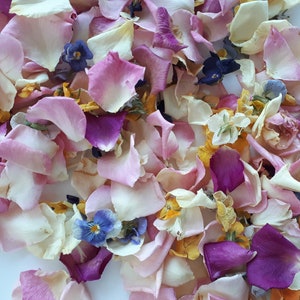 SALDI!! 50 tazze di petali di rosa liofilizzati + viole del pensiero liofilizzate. Deliziosi coriandoli da matrimonio - ecologici. Decora la navata con i petali.