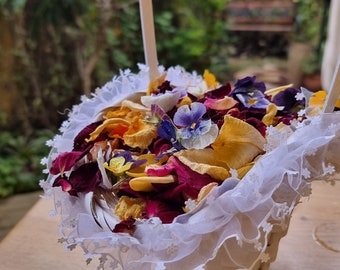 Flower Girl Basket includes lovely Dried rose petals and dried pansies. 100% natural confetti.