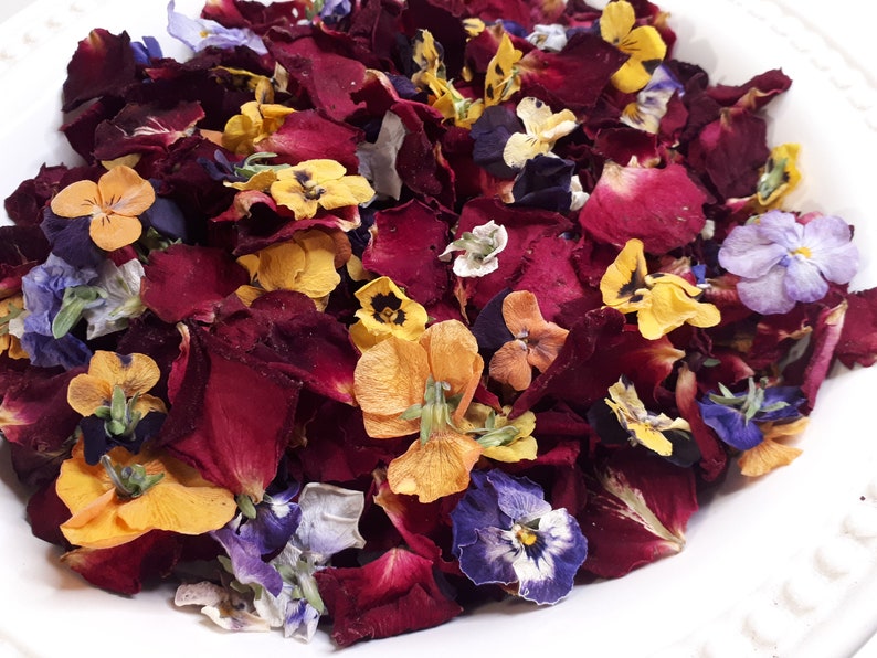 May include: A close-up of a white bowl filled with dried flower petals. The petals are a mix of deep red, yellow, orange, purple, and blue. The arrangement is dense and colorful, showcasing the natural beauty of the dried flowers.