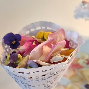 新登場！フリーズドライのバラの花びらとパンジー。結婚式のトスやフラワーガールのバスケット用の生分解性の紙吹雪。1 リットル = 5 カップ。