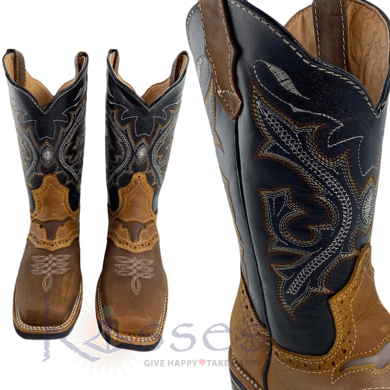 TJAYZ Handmade Leather Cowboy Boots: Mens Western Rodeo Botas 10 styles 892 Blk/Honey-TMiel