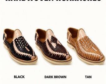 May include: Three handwoven huaraches shoes displayed in black, dark brown, and tan colorways. The text HANDWOVEN HUARACHES appears at the top, with labels BLACK, DARK BROWN, and TAN positioned below each corresponding shoe on a white background.