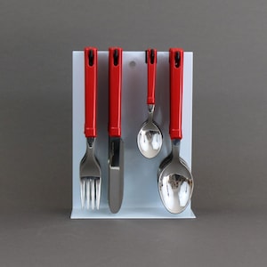 ABERT Flatware Set, Red ABS Plastic Stainless Steel, Italian Cutlery Display Stand 1980s Vintage