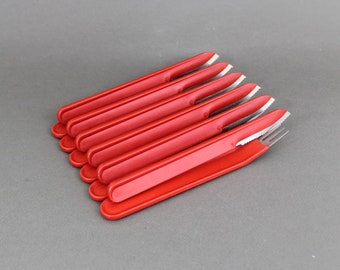 Vintage 1990s SEDASCO France cutlery set, 12 pieces, Red plastic handle flatware, Modern dining table decor