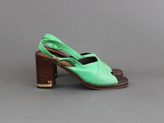 PIERRE CARDIN Leather Sandals, Green High Heel Shoes, French Designer Slingbacks 1970s Vintage