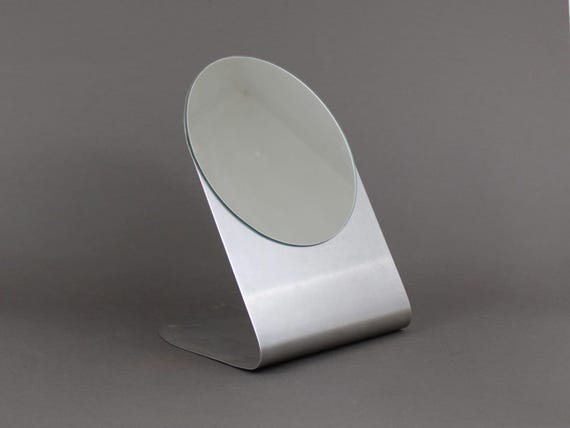 Minimalist Brushed Steel Vanity Mirror, 1970s French Modernist Tabletop Design