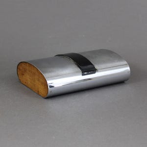 Scatola Art Déco in ottone cromato e legno, antica anni '30, humidor per sigarette o contenitore per carte da gioco