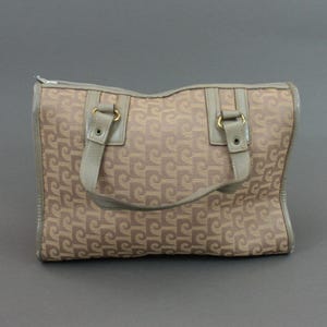 Vintage 1970s PIERRE CARDIN Handtasche, Beige Stoff & Leder, Monogram Logo Muster
