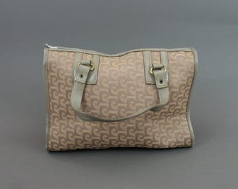 PIERRE CARDIN handbag, Beige monogram fabric & leather bag 1970s