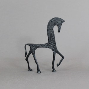 Vintage 1960s Greek horse sculpture, Black bronze statue, Etruscan decor