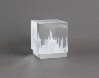 Vintage 1970s lucite cube sculpture, Clear paperweight, Modern art