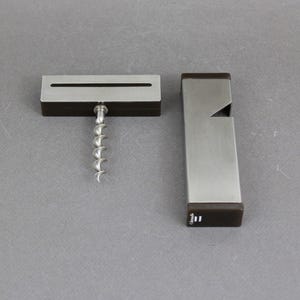Vintage 1970s CHRISTOFLE modern barware set, Brushed steel & lucite cap lifter and corkscrew, Bar cart decor