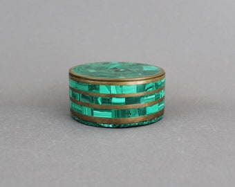 Vintage 1960s malachite & brass box, Mid century decor, Round trinket box