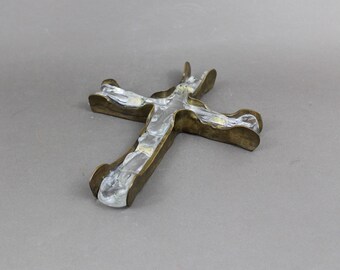 Vintage 1980s LOTHAR KLUTE brutalist sculpture, Bronze & cast glass cross, German artist