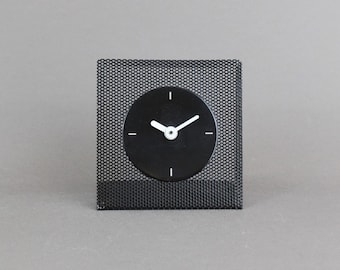 Postmodern Table Clock, Black Perforated Metal Desk Clock, Minimalist Geometric Decor 1980s Vintage
