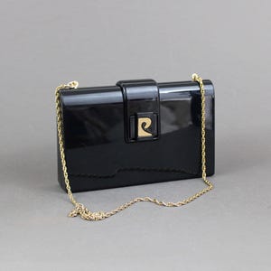 Vintage 1970er Jahre PIERRE CARDIN Clutch, Schwarze Plastik Abendtasche mit Kette, französisches Mode Accessoire