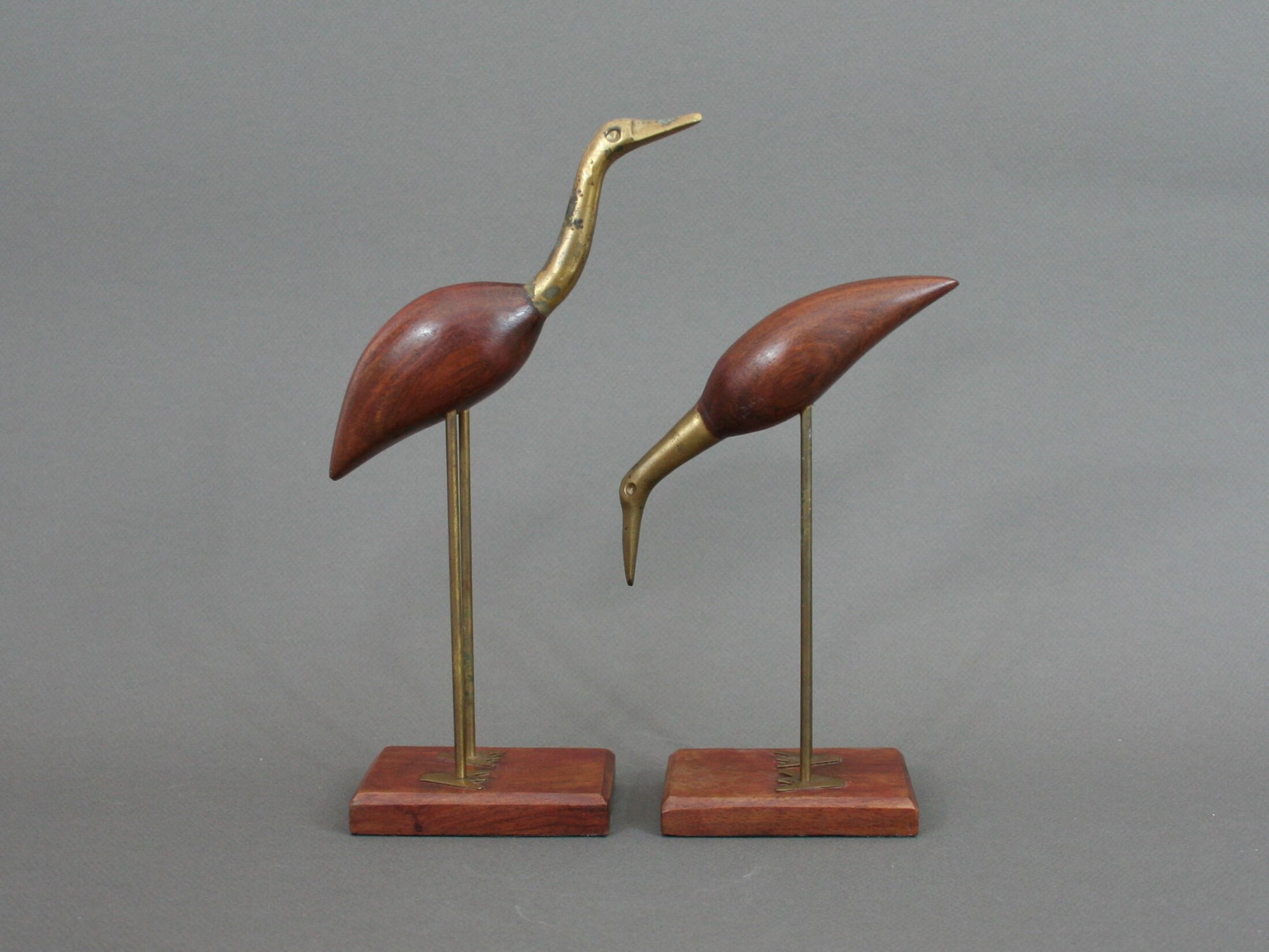 Paire de Hérons en Teck & Laiton, Vintage Années 60, Figurines d'oiseaux