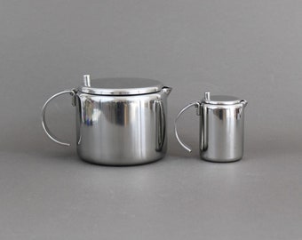 Vintage 1980s CARLO GIANNINI teapot & milk jug, Modern stainless steel tea set, Made in Italy