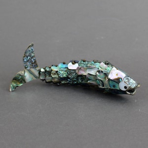 Vintage 1960s abalone bottle opener, Articulated fish shaped, Bar cart decor